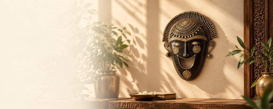 Bastar tribal brass mask on a sunlit wall