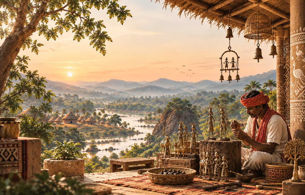 A Bastar Dhokra artisan at work on a veranda at golden hour, brass figures, bells and the river valley behind