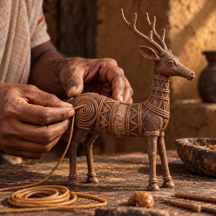Artisan shaping a wax deer pattern with beeswax thread