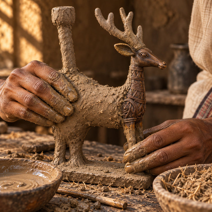 Wax deer being encased in river clay