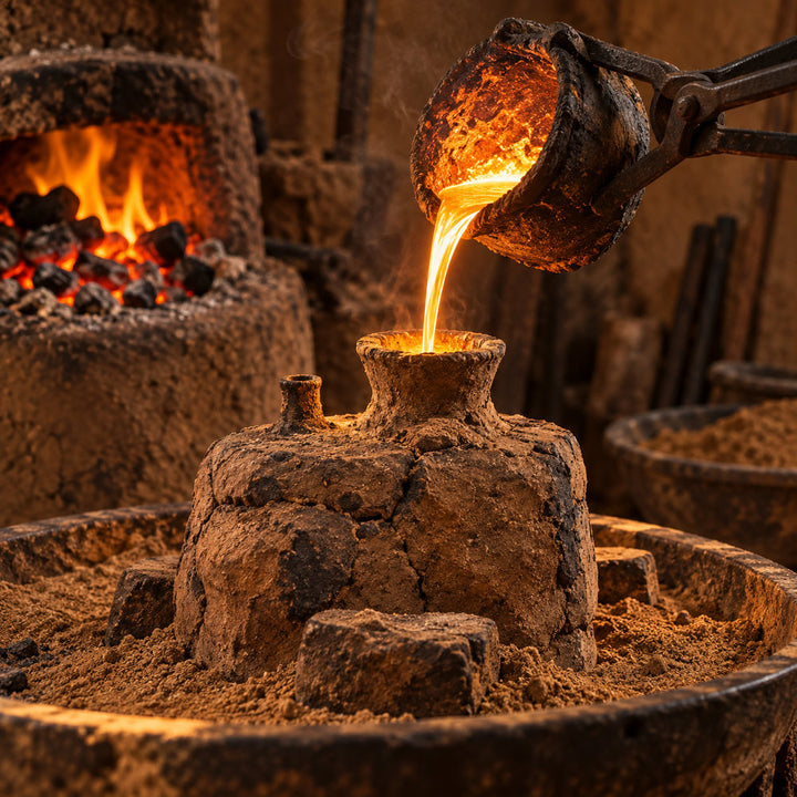 Molten brass poured into the clay mould