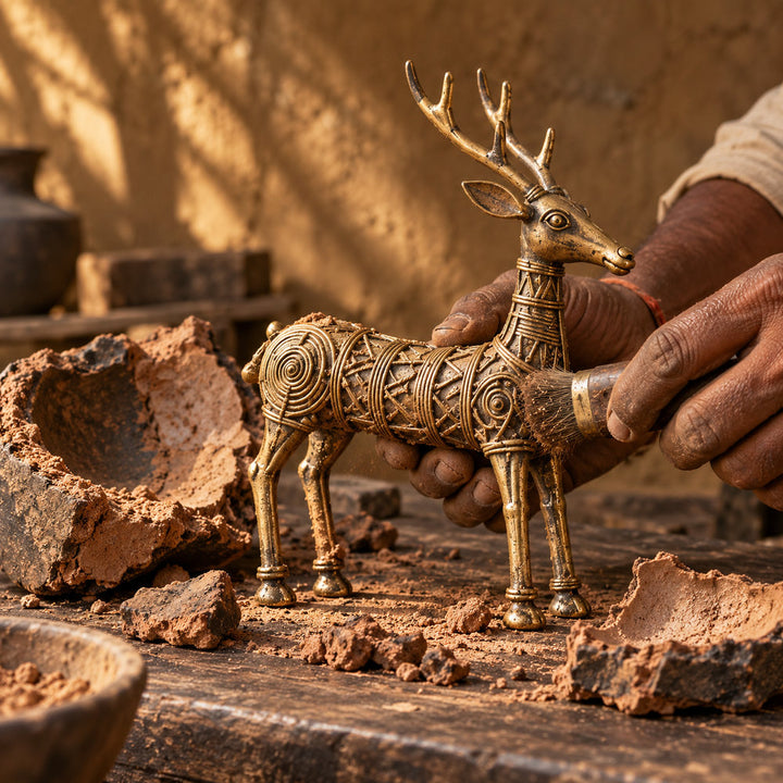 Brass deer revealed from the broken clay mould
