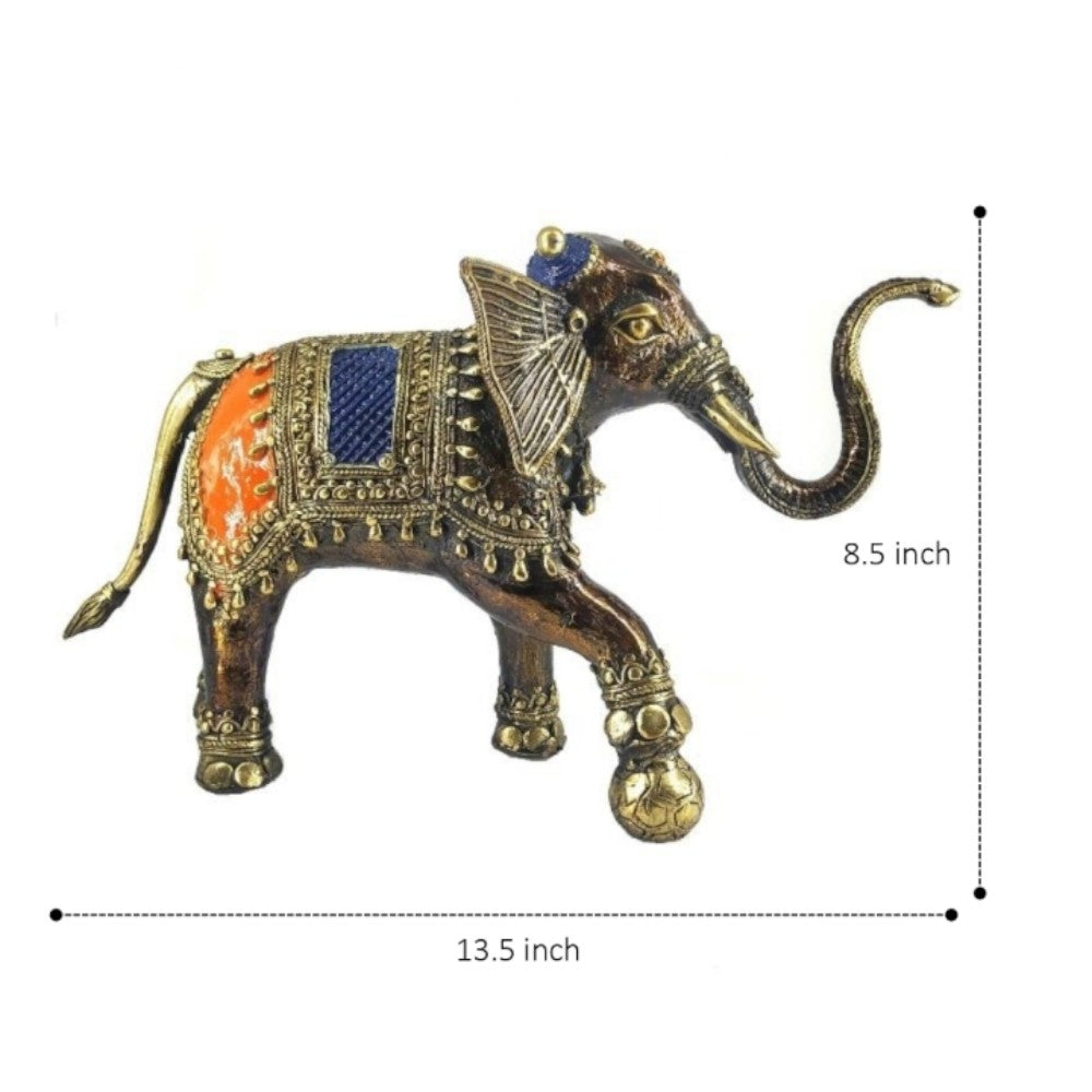 Side view of soccer playing elephant dhokra art statue showing size dimensions and bronze metal finish