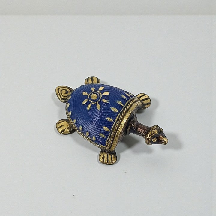 Handmade brass tortoise showpiece in Bastar Dokra art style with blue and gold detailing, small decorative Indian metal figurine, 2.5 inch