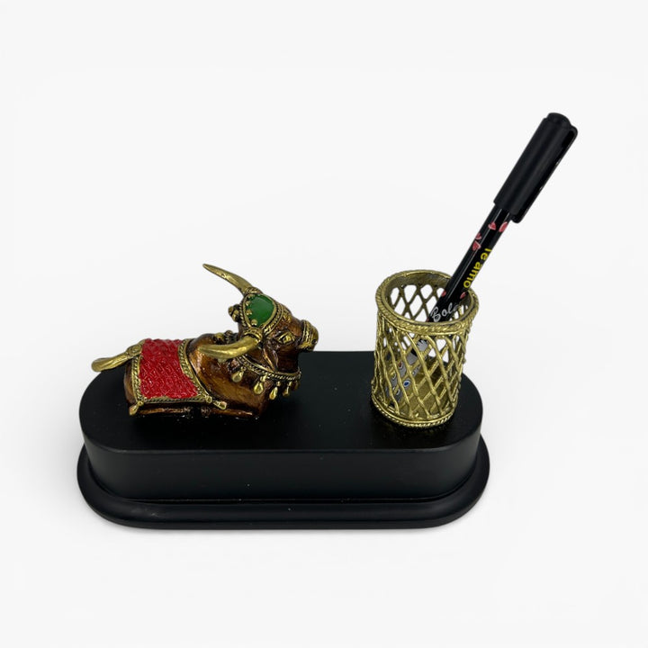 Traditional handcrafted brass Nandi desk organizer with pen holder decorative office desk accessory