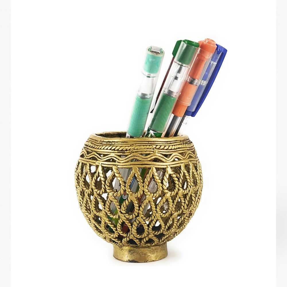 Front view of ornate brass pen holder in bulbous shape showcasing traditional Dhokra jali craftsmanship