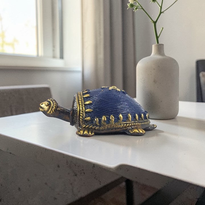 Handmade bell metal turtle figurine in blue finish, Bastar Dokra art 3.5 inch decorative tabletop showpiece