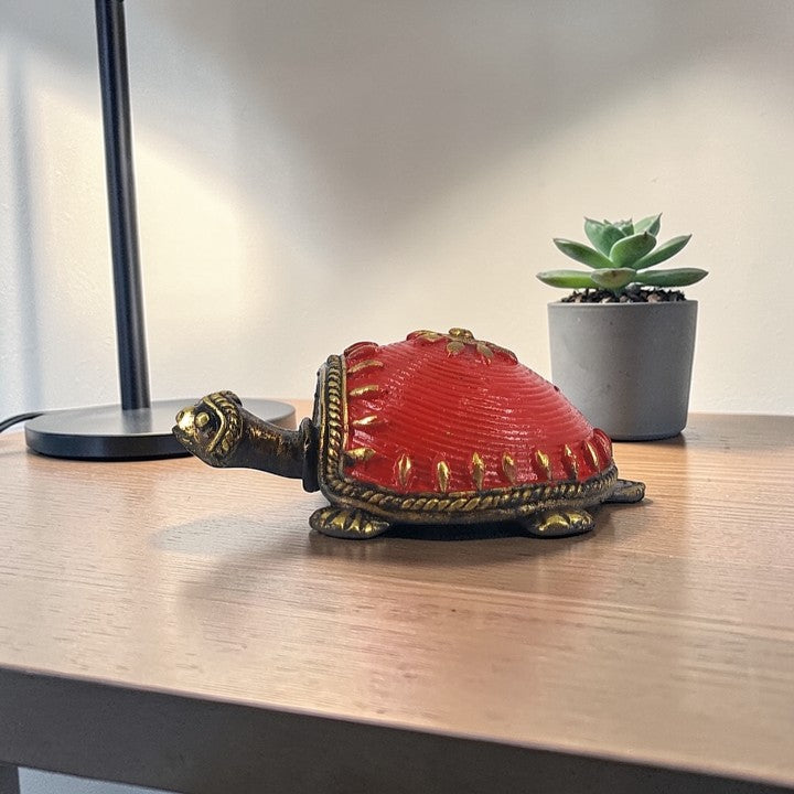 Handmade tribal bell metal turtle figurine in red finish, Bastar Dokra art 3.5 inch decorative home decor showpiece