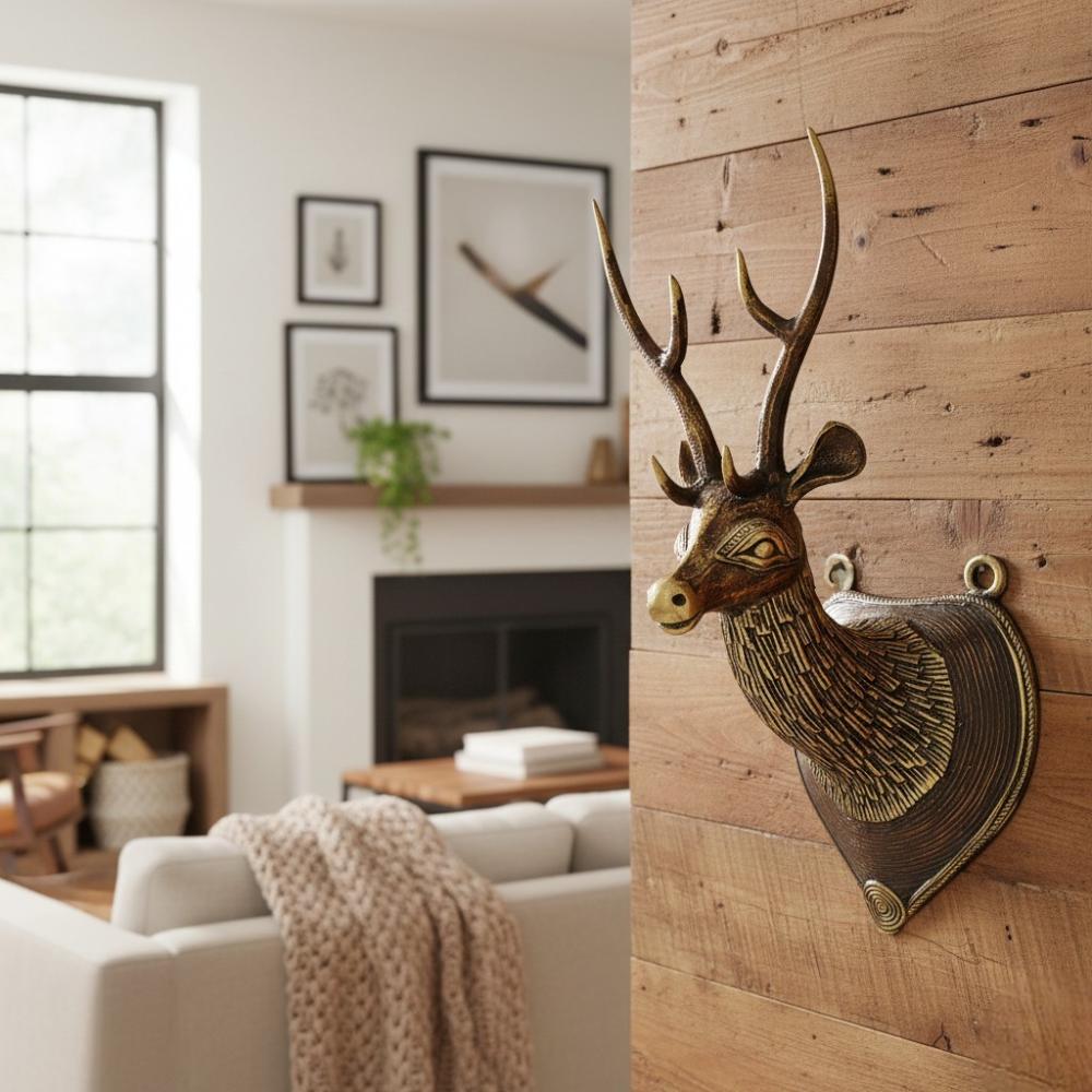 Vanara Crest Bastar Dokra art brass deer head wall accent in bronze finish with handcrafted textured detailing, decorative Indian metal wall decor, 8.5 inch