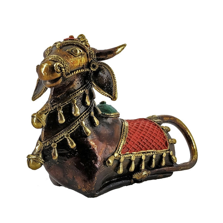 Decorative Sacred Nandi Dhokra Art Figurine of Bell Metal (Multicolor, 7.25 x 4.5 inch)