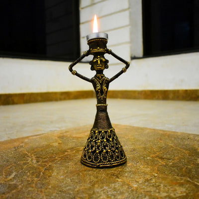 Handcrafted Brass Metal Tribal Woman Candle Holder (Bronze color, 8.4 inch)