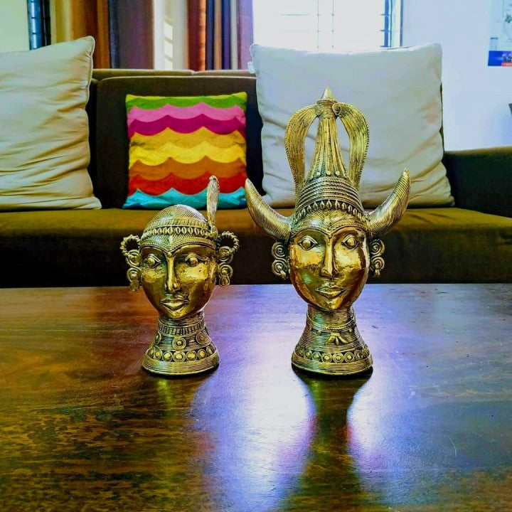 Handmade Tribal Art Brass Madia Madin Busts (Golden, 9 inch)