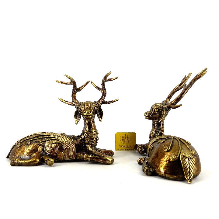 Pair of Brass Deer Dhokra Art Figurine (Bronze color, 5.5 inch)