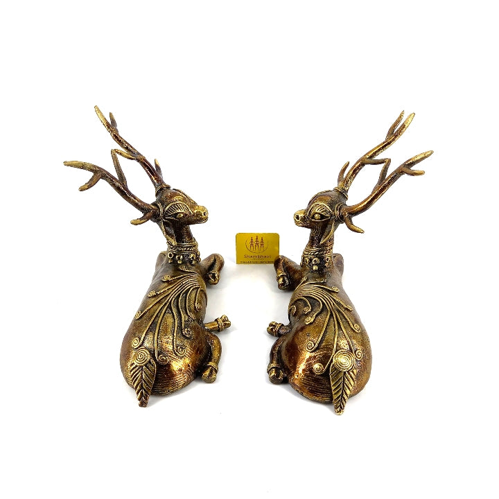 Pair of Brass Deer Dhokra Art Figurine (Bronze color, 5.5 inch)