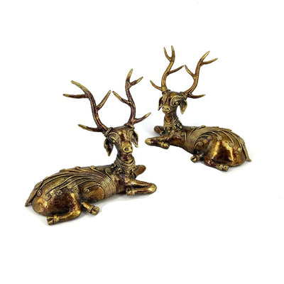 Pair of Brass Deer Dhokra Art Figurine (Bronze color, 5.5 inch)