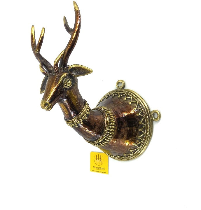 Bell Metal Wall Hanging Decorated Deer Head (Bronze color, 7.5 inch)