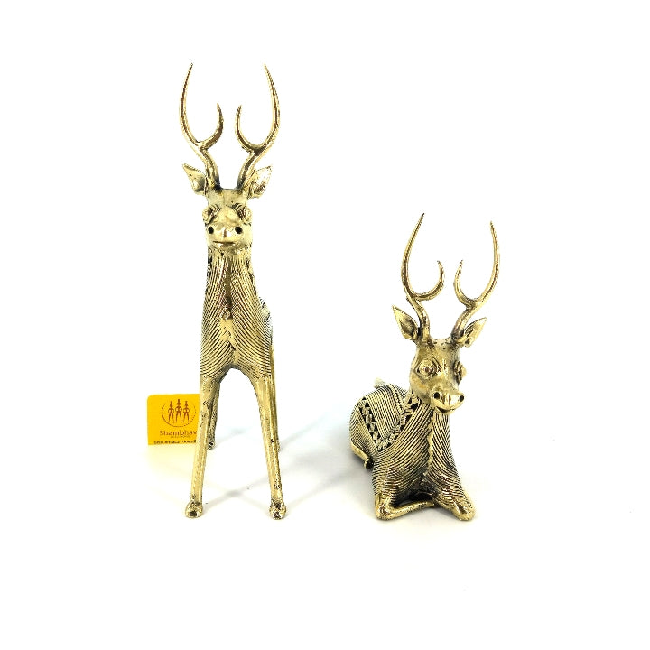 Brass Deer Pair, Standing and Sitting (Golden, 6.5, 4.5 inch)