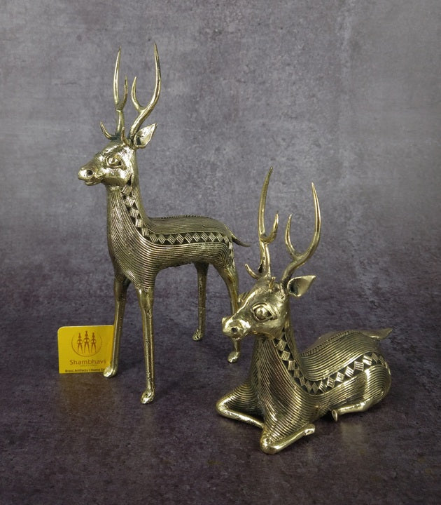 Brass Deer Pair, Standing and Sitting (Golden, 6.5, 4.5 inch)