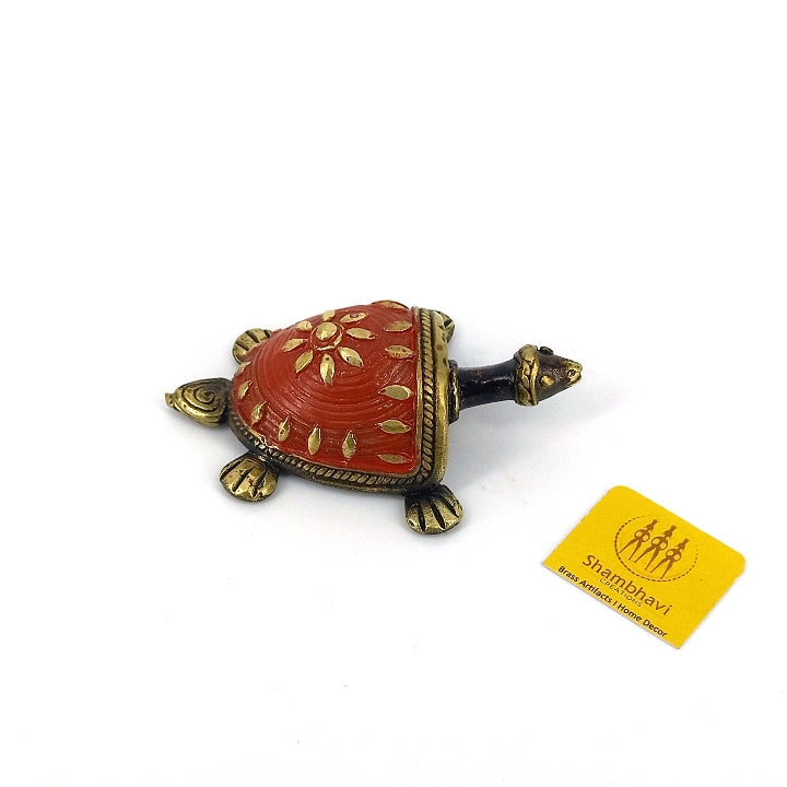 Handmade Brass Tortoise Showpiece Statue in Dhokra Art (Red, 2.5 inch)