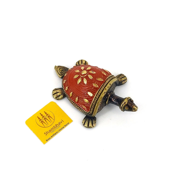 Handmade Brass Tortoise Showpiece Statue in Dhokra Art (Red, 2.5 inch)