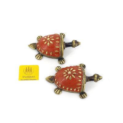 Handmade Brass Tortoise Showpiece Statue in Dhokra Art (Red, 2.5 inch)