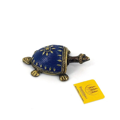 Handmade Brass Tortoise Showpiece Statue in Dhokra Art (Blue, 2.5 inch)