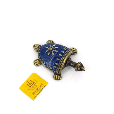 Handmade Brass Tortoise Showpiece Statue in Dhokra Art (Blue, 2.5 inch)