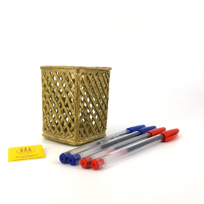 Dhokra Art Netted Design Brass Pen Holder (Golden, 3.5 inch)