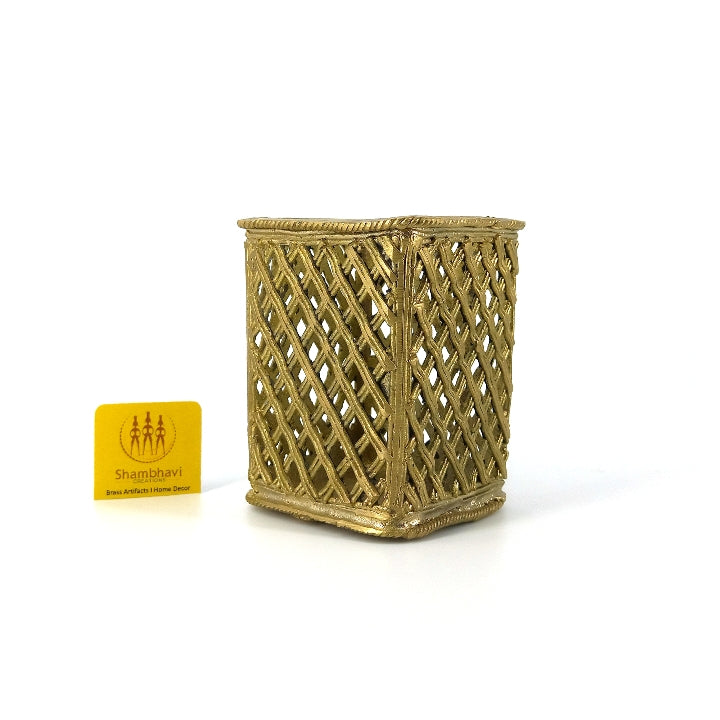 Dhokra Art Netted Design Brass Pen Holder (Golden, 3.5 inch)