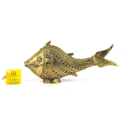 Bastar Dhokra Art Brass Scaly Fish Figurine (Golden, 4 x 8 inch)