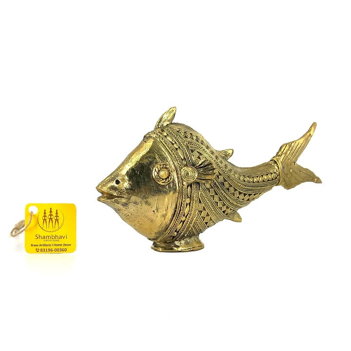 Bastar Dhokra Art Brass Scaly Fish Figurine (Golden, 4 x 8 inch)