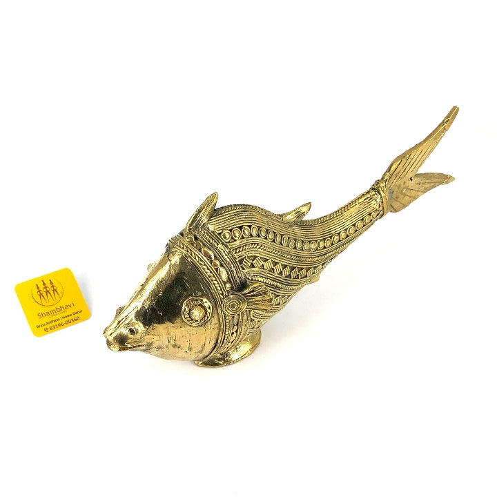 Bastar Dhokra Art Brass Scaly Fish Figurine (Golden, 4 x 8 inch)
