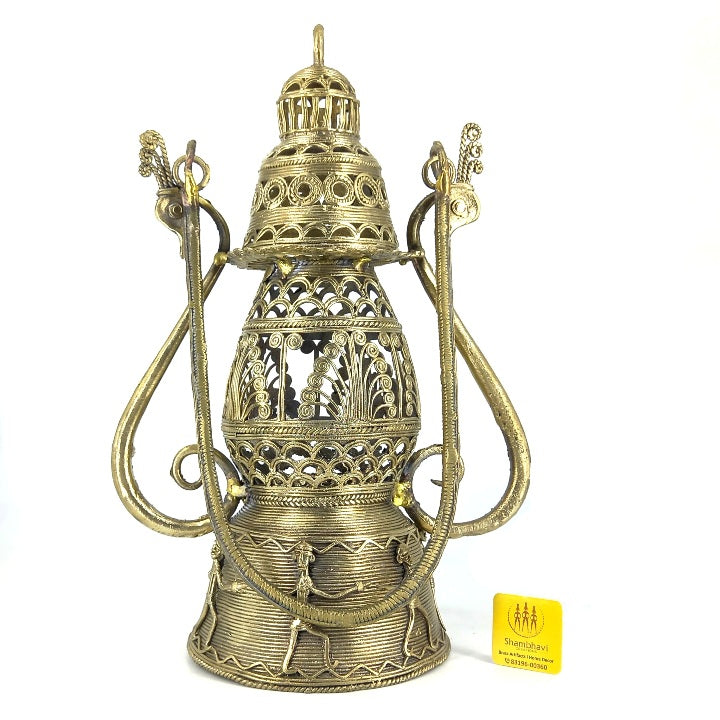 Dhokra Art Brass Lantern Lampshade (Golden, 12 inch)