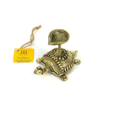 Dhokra art Bell Metal Tortoise Diya from Bastar Art of Chhattisgarh (Golden, 3.5 inch)