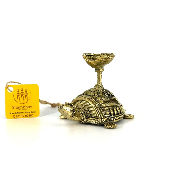 Dhokra art Bell Metal Tortoise Diya from Bastar Art of Chhattisgarh (Golden, 3.5 inch)