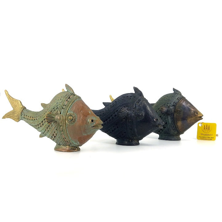 Handcrafted  Dhokra Art Brass Fish Trio (Multicolor, 8.5 x 4 inch)
