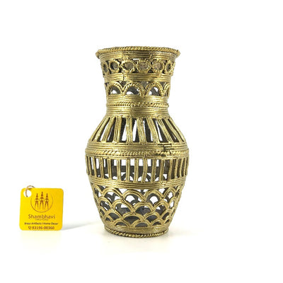Tribal Art Brass Strips motif Vase (Golden, 6 inch)