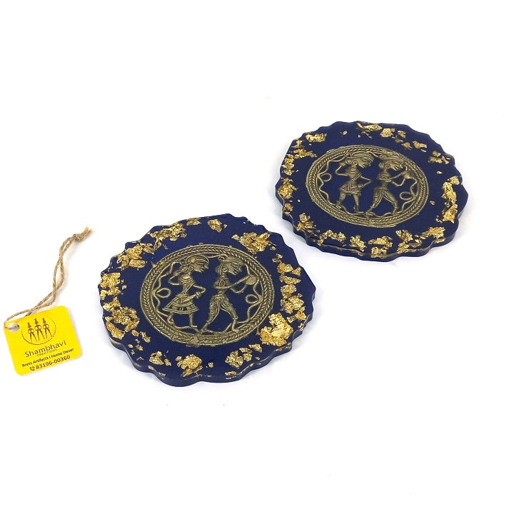 Handcrafted Brass and Resin Round Blue Translucent Coasters, 4 inch