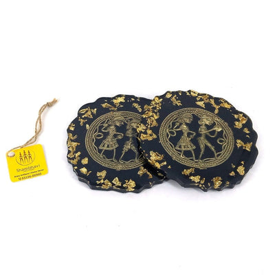 Handmade Black Round Brass and Resin Coasters, 4 inch