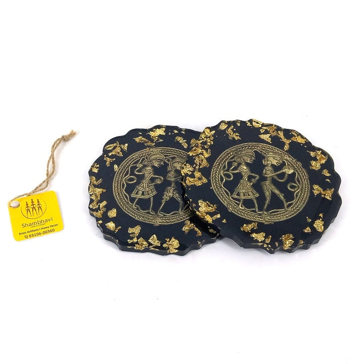 Handmade Black Round Brass and Resin Coasters, 4 inch