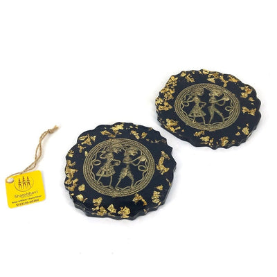 Handmade Black Round Brass and Resin Coasters, 4 inch