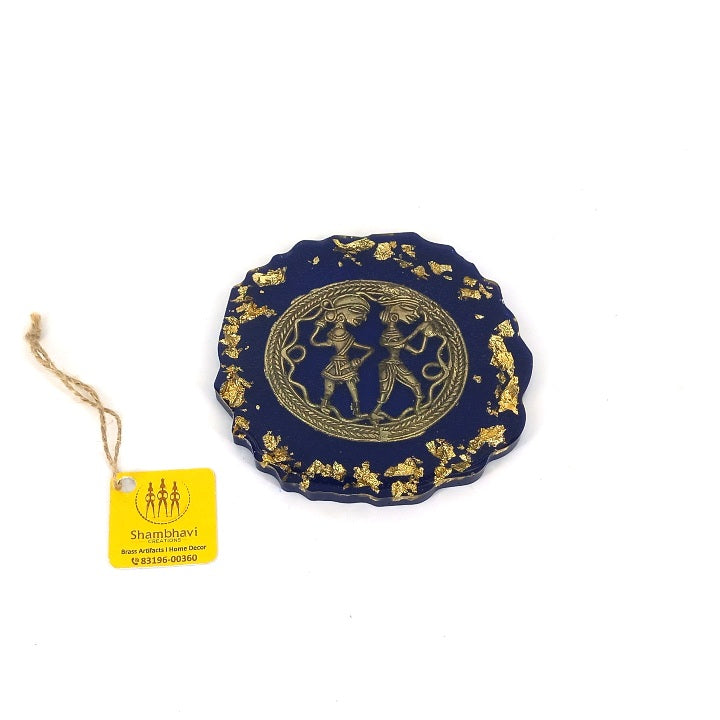 Handcrafted Brass and Resin Round Blue Translucent Coasters, 4 inch