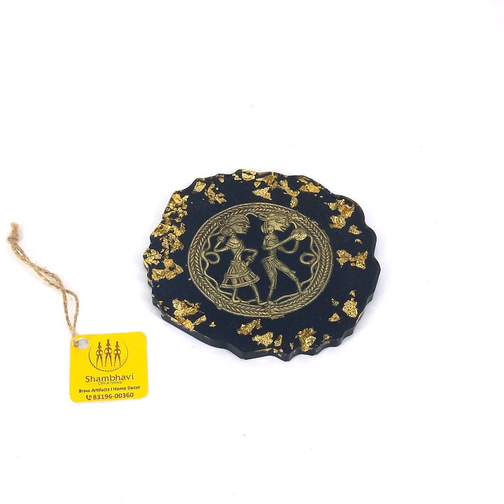 Handmade Black Round Brass and Resin Coasters, 4 inch