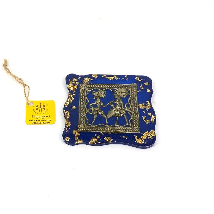 Handcrafted Brass and Resin Square Blue Translucent Coasters, 4 inch