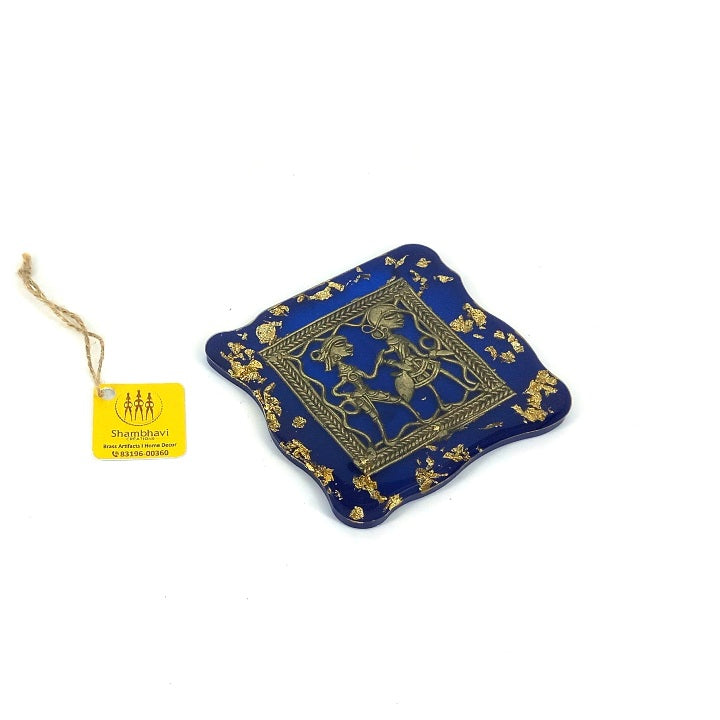 Handcrafted Brass and Resin Square Blue Translucent Coasters, 4 inch