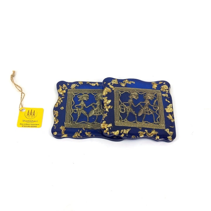 Handcrafted Brass and Resin Square Blue Translucent Coasters, 4 inch