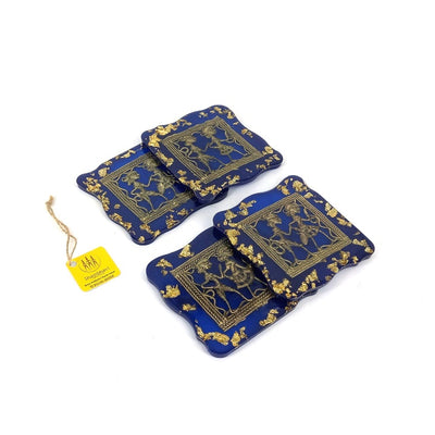 Handcrafted Brass and Resin Square Blue Translucent Coasters, 4 inch