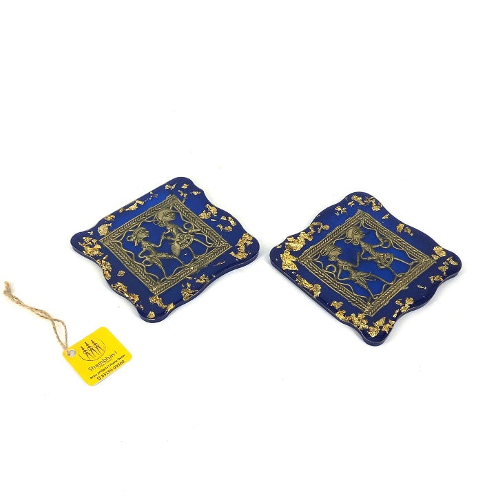 Handcrafted Brass and Resin Square Blue Translucent Coasters, 4 inch