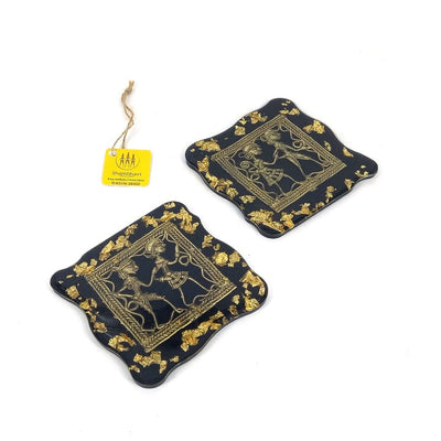 Handmade Brass and Resin Square Black Coasters, 4 inch