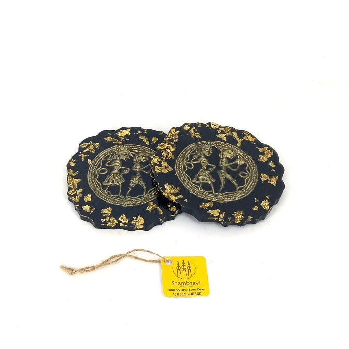 Handmade Black Round Brass and Resin Coasters, 4 inch